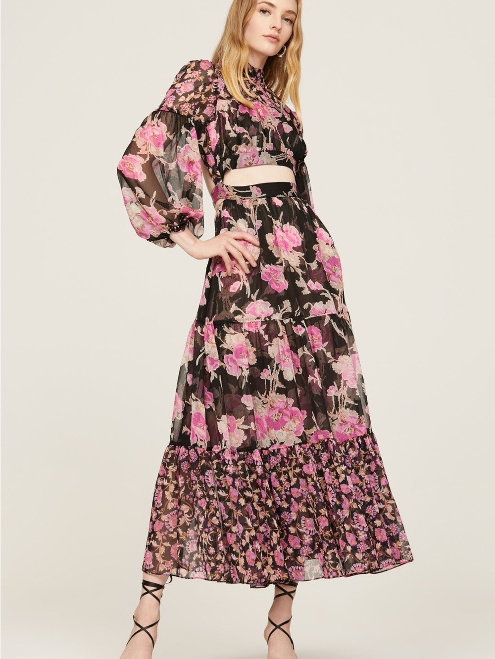 Floral Sheer Maxi Dress with Cutout Waist